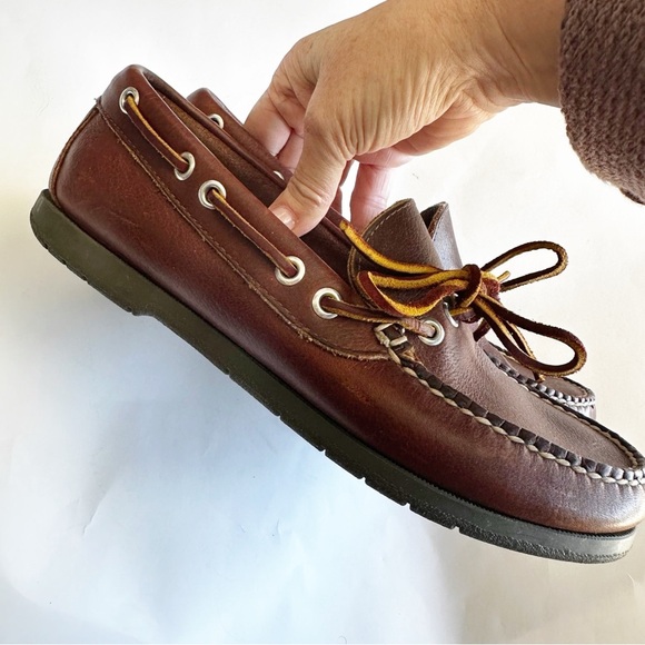 L.L. Bean Mens Camp Moc Brown Leather Boat Shoes Moccasin Stitching OU670 Size 8 - Picture 8 of 14